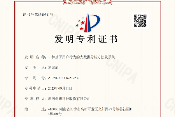 創研股份自研專利“一種基於用戶行為（wéi）的大數據分析方法及係統”已下證